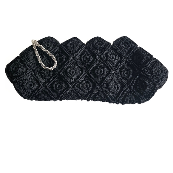 1940s Vintage Black Crochet Corde Clutch Women Bag - Picture 1 of 15